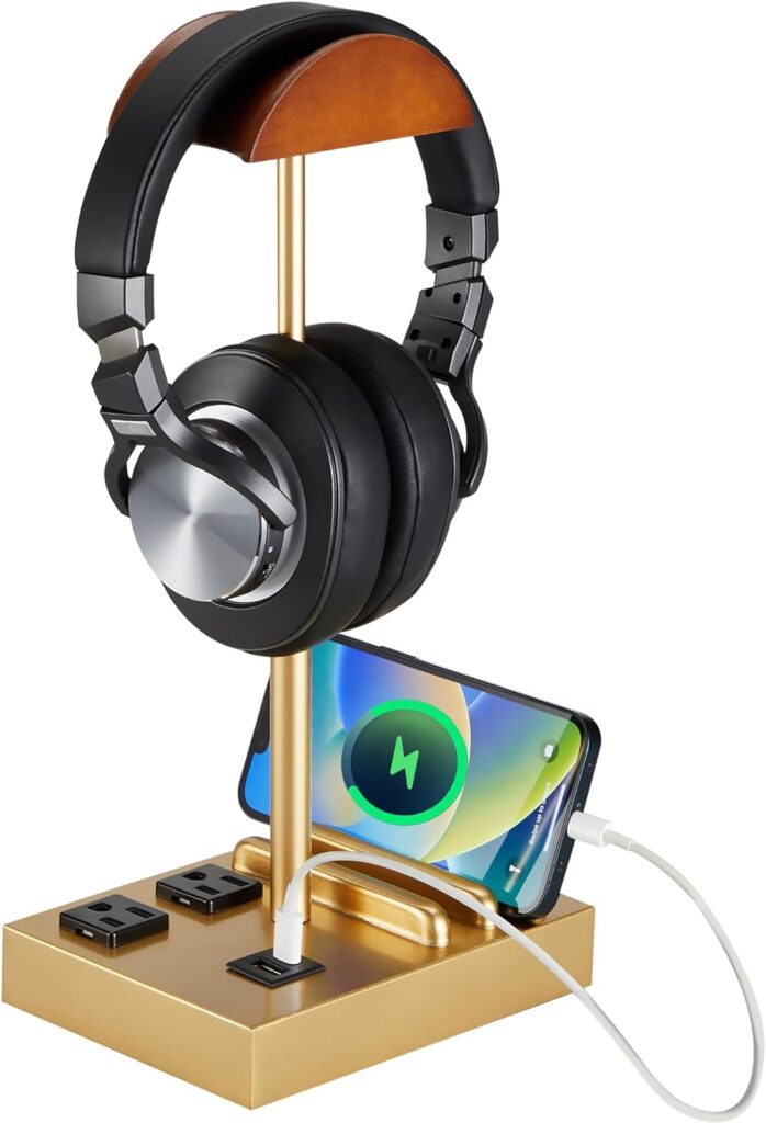 CASTLELIFE Headphone Stand Desktop Gaming Headset Holder with 2 AC Outlets and USB CA Ports, Charging StationPhone Stands, Wood Earphone Table Game Accessories for Desktop Gamer, Gold