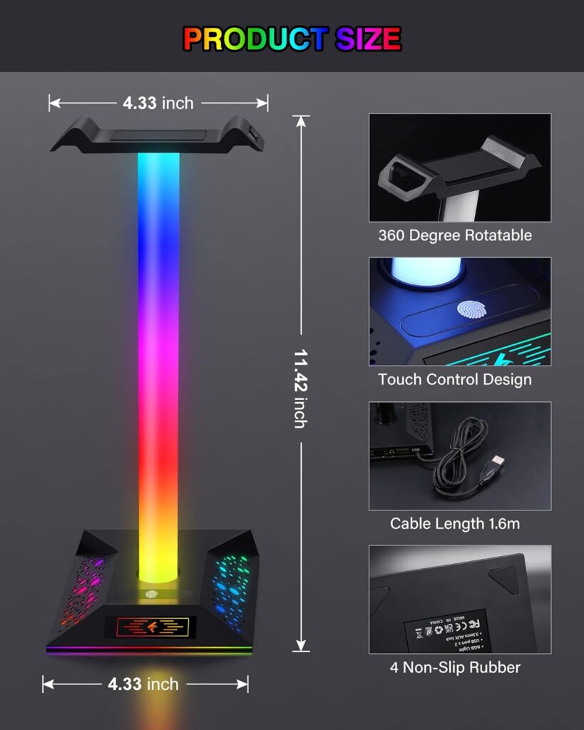 Gaming Headphone Stand PC Accessories - RGB Headset Stand with 2 USB Charger, Cool LED Headphone Holder PC Gaming Accessories Gift for Boys Men Gamers, Computer Game Hardware for Desk