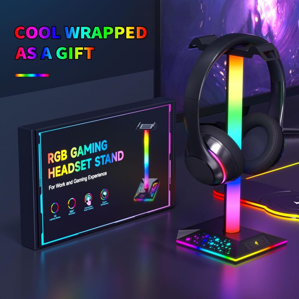 Gaming Headphone Stand PC Accessories - RGB Headset Stand with 2 USB Charger, Cool LED Headphone Holder PC Gaming Accessories Gift for Boys Men Gamers, Computer Game Hardware for Desk