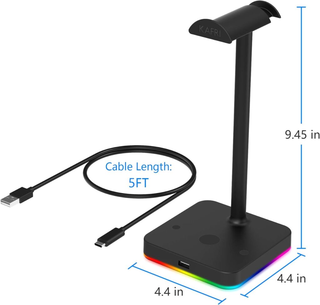 KAFRI RGB Headphone Stand with USB Hub Desk Gaming Headset Holder Hanger Rack with 1 USB2.0 Extension Charging Port Extender Cord - Suitable for Gamer Desktop Table Game Earphone Accessories, Black