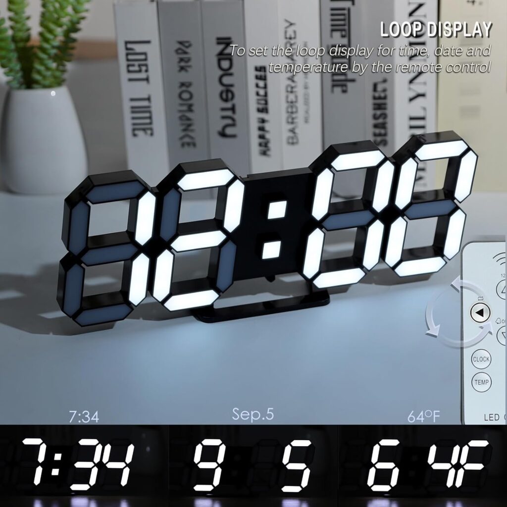 KOSUMOSU Digital Clock 3D LED Wall Clock 9.7 Bedside Clock for Bedroom Living Room Office Classroom Night Light Auto/Custom Brightness, Temperature, Remote Control (Warm Light)