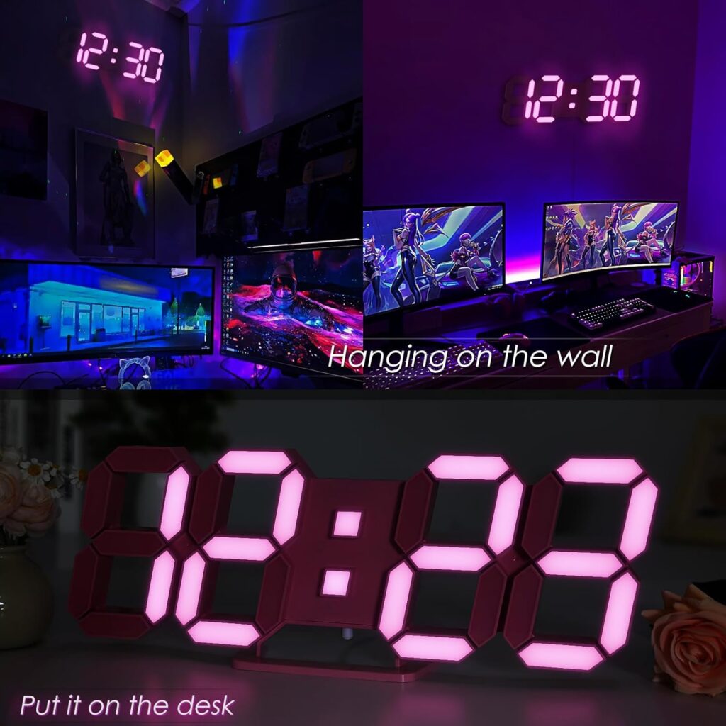 KOSUMOSU Digital Clock 3D LED Wall Clock 9.7 Bedside Clock for Bedroom Living Room Office Classroom Night Light Auto/Custom Brightness, Temperature, Remote Control (Warm Light)