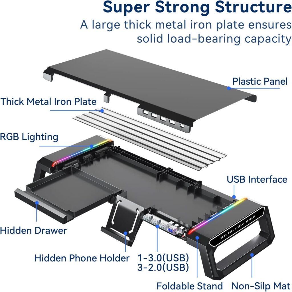 KYOLLY RGB Gaming Computer Monitor Stand Riser with Drawer,Storage and Phone Holder - 1 USB 3.0 and 3 USB 2.0 Hub, 3 Length Adjustable