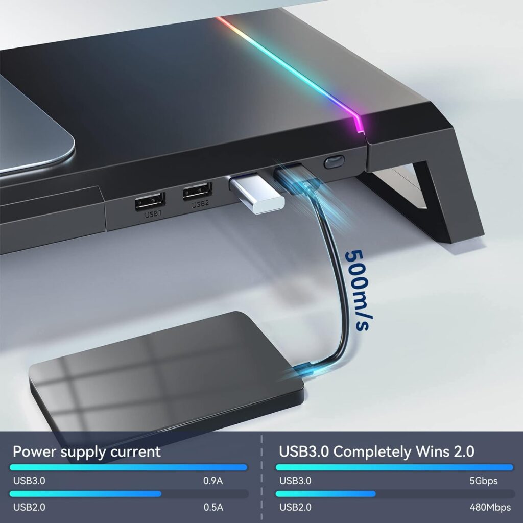 KYOLLY RGB Gaming Computer Monitor Stand Riser with Drawer,Storage and Phone Holder - 1 USB 3.0 and 3 USB 2.0 Hub, 3 Length Adjustable