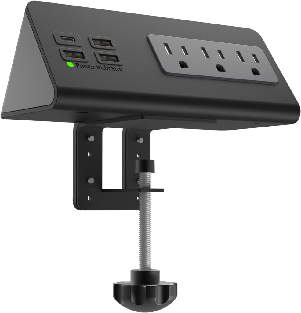 Nightstand Edge Mount Power Strip with USB-C Ports Tabletop Surge Protector Desk Clamp Power Sockets with 3 AC Outlets 4 Fast Charging USB Ports for Home Office Hotel and Dormitory