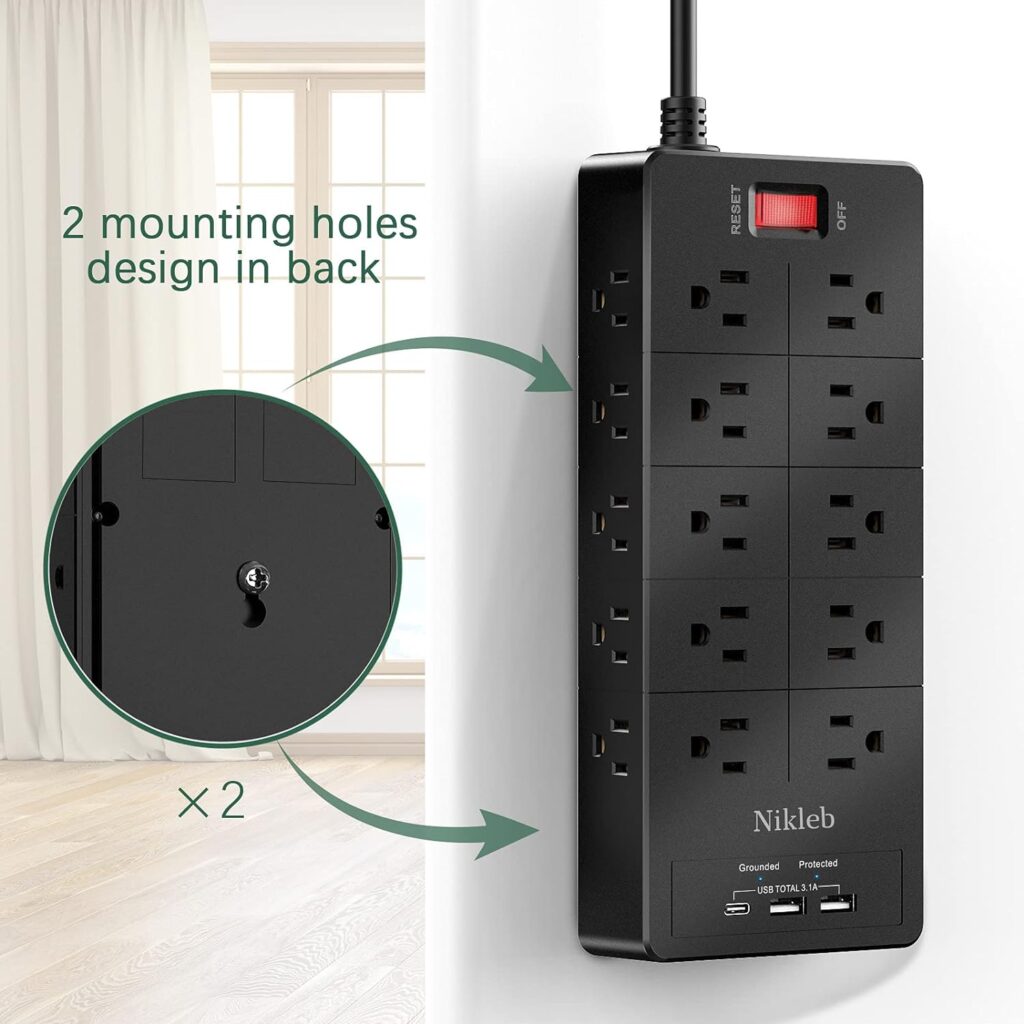 Power Strip 23 in 1, 20 Outlets Surge Protector Wall Mount with 2 USB Ports + 1 USB C Port 3.1A Total, Multi Plug Extension Cord 6ft Heavy Duty, Office Desk Accessories for Gaming, Studio