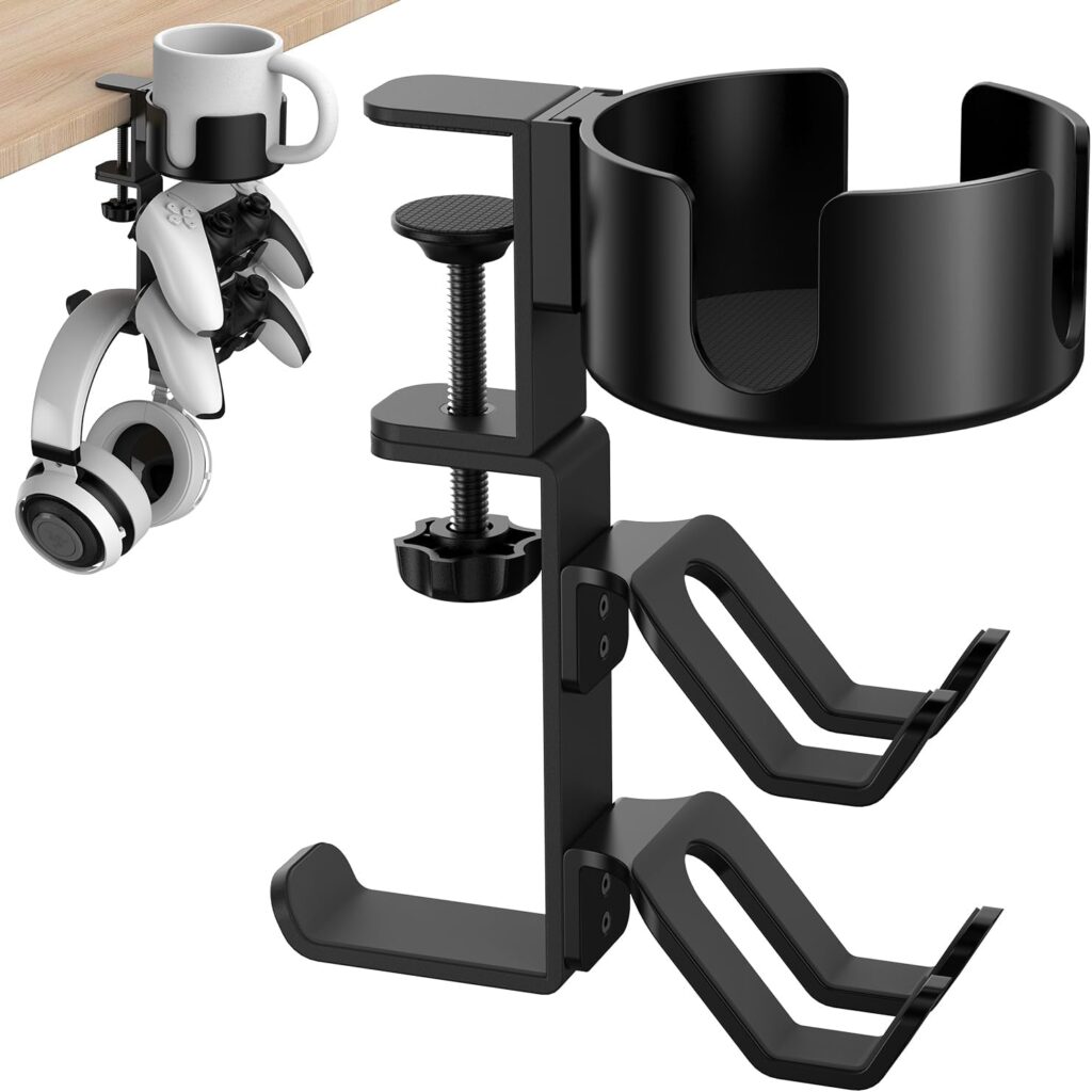POWNEW 4 in 1 Desk Cup Holder with Headphone Hanger and Controller Stand Gaming Accessories, Universal Adjustable  Rotating Upgraded Arm Clamp for Coffee Mugs, Water Bottles, Headphones, Controller.