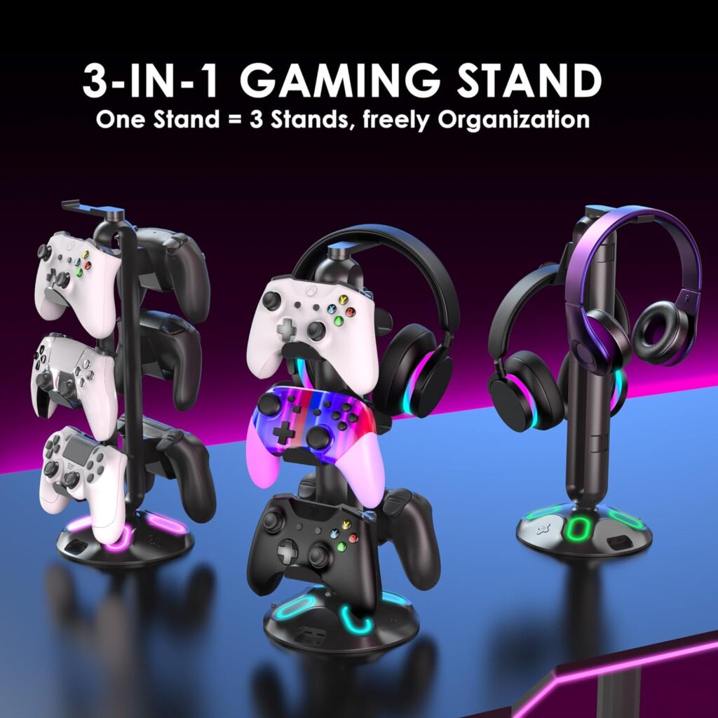 RGB Headphone Controller Stand with HUB, 9 Light Modes Gaming Headset Holder for Desk, Controller Headphone Holder with USB*2+Type-C+3.5mm - Charging  Data for Gaming Setup Gamer Accessories(Black)