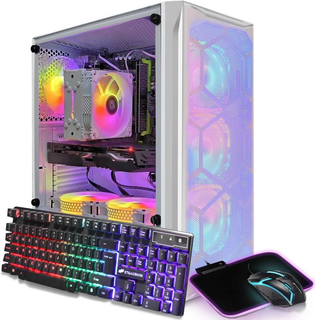 STGAubron Gaming Desktop PC, Intel Xeon E5 2.5G up to 3.3G, 32G DDR3, 1T SSD, Radeon RX 590 8G GDDR5, 600M WiFi, BT 5.0, RGB Fan x 6, RGB Keyboard  Mouse  Mouse Pad, W10H64