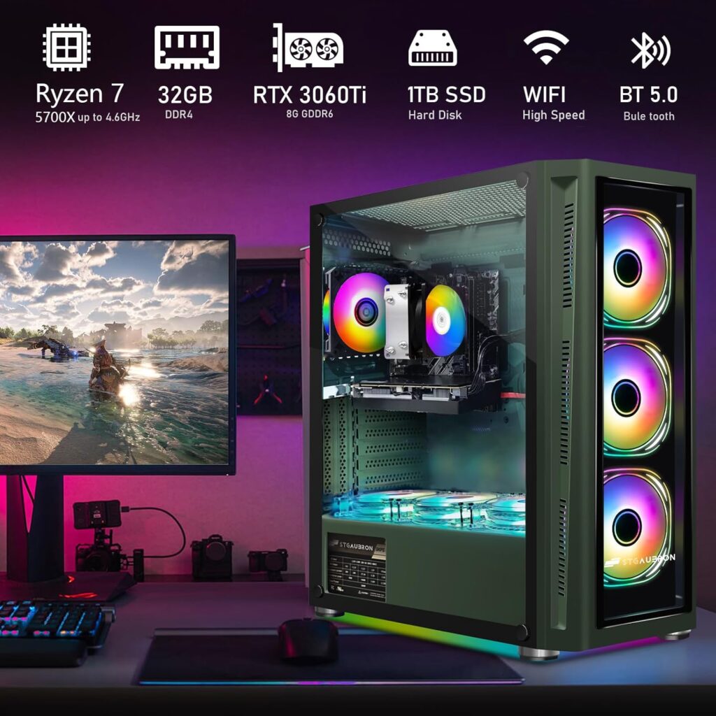 STGAubron Gaming Desktop PC,AMD Ryzen 7 5700X up to 4.6G,32G DDR4,GeForce RTX 3060 Ti 8G GDDR6,1T SSD,WiFi,BT 5.0,RGB Fan x 7,RGB KeyboardMouseMouse Pad,RGB BT Sound Bar,RGB BT Gaming Mic,W11H64