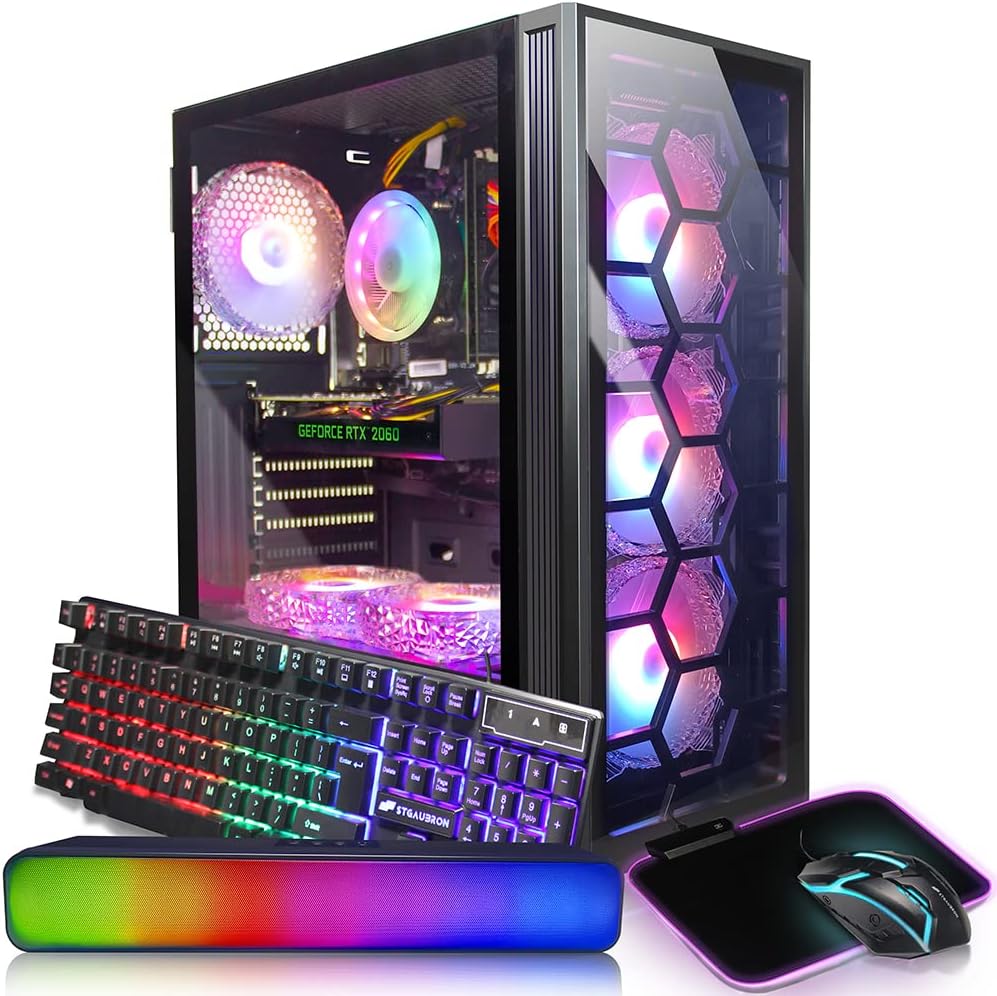 STGAubron Gaming Desktop PC,Intel Core I7 3.4 GHz up to 3.9 GHz,GeForce RTX 2060 6G GDDR6,16G RAM,512G SSD,WiFi,BT 5.0,RGB Fanx6,RGB KeyboardMouse,RGB Mouse Pad,RGB BT Sound Bar,W10H64